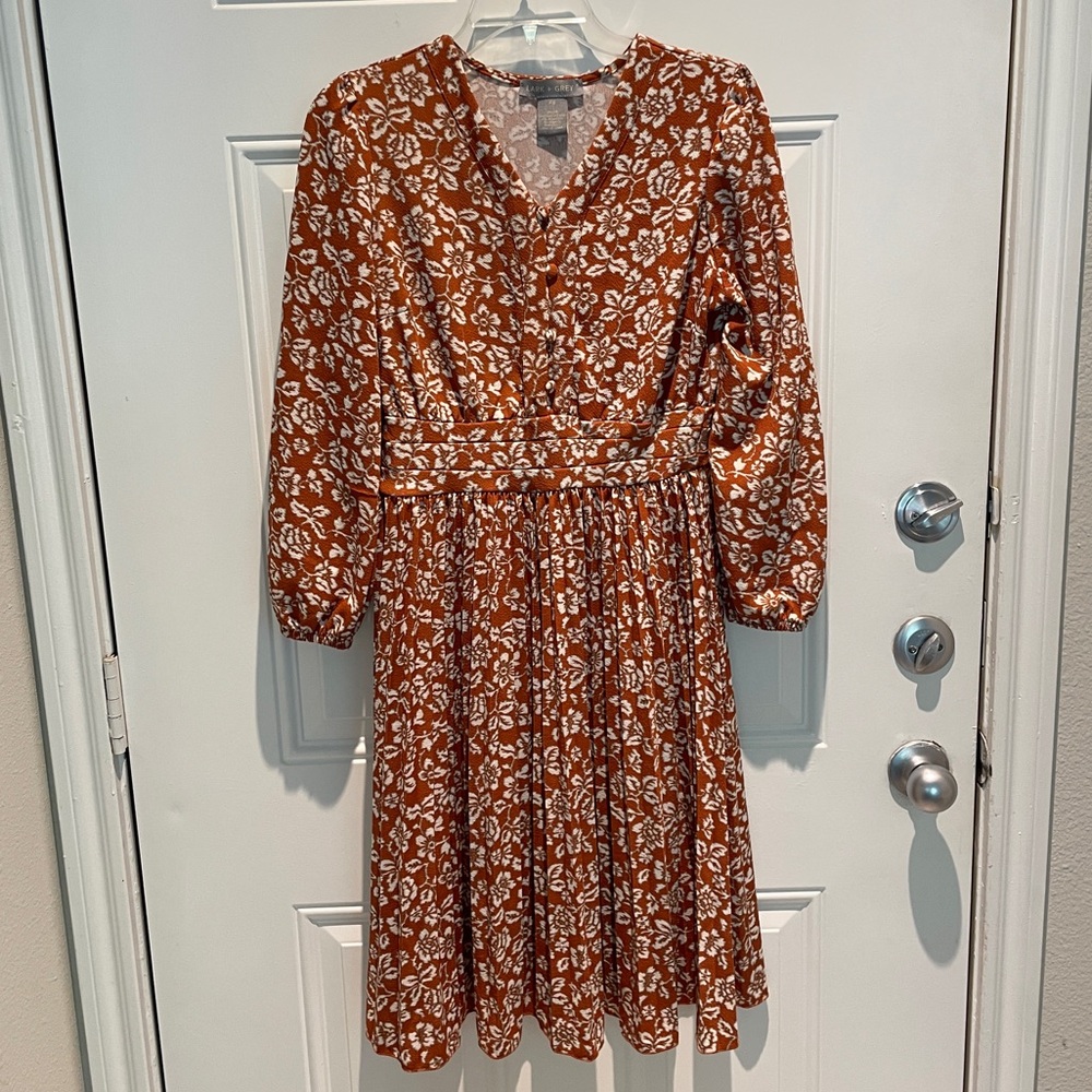 Lark + Grey Orange Cream Floral A-line Long Sleeve Pleated Dress Size Medium
